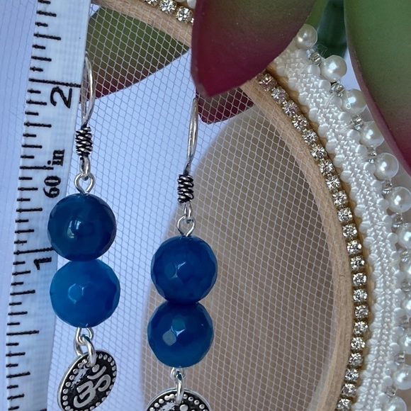 BLUE Agate and Sterling Dangle Earrings Om Charms - Picture 6 of 13